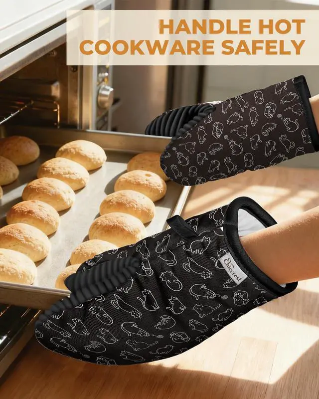 Alt view image 5 of 6 - 100% Thick Cotton Oven Mitts Ribbed Soft Silicone Cute Cats | Aesthetic Oven Mitts for Women, Machine Washable Non-Slip Kitchen Mitts, Reversible for Both Hands, Stylish Kitchen Decor