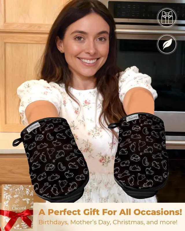 Alt view image 6 of 6 - 100% Thick Cotton Oven Mitts Ribbed Soft Silicone Cute Cats | Aesthetic Oven Mitts for Women, Machine Washable Non-Slip Kitchen Mitts, Reversible for Both Hands, Stylish Kitchen Decor