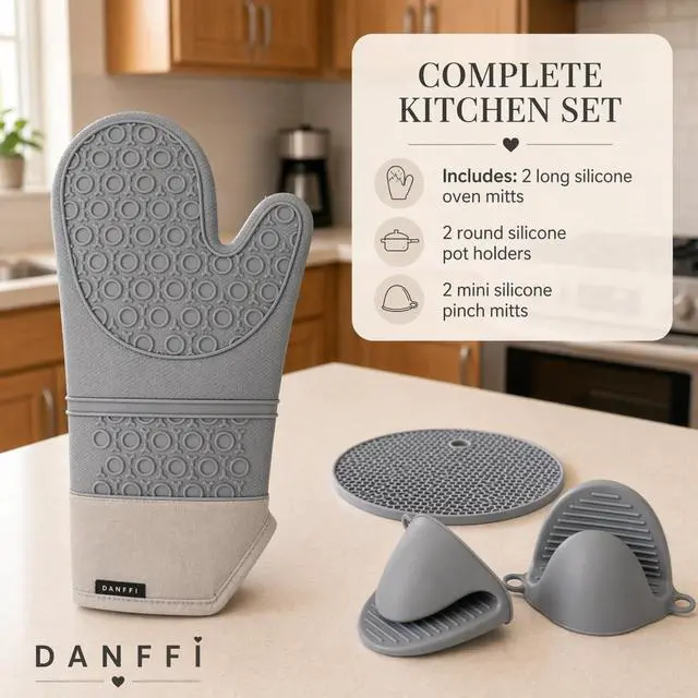 Alt view image 4 of 7 - Silicone Oven Mitts and Pot Holders 6 Piece Set, Heat Resistant 500°F Extra Long Oven Gloves with Cotton Lining, Non-Slip BPA-Free Hot Pads and Pinch Mitts for Baking BBQ Cooking (Gray)