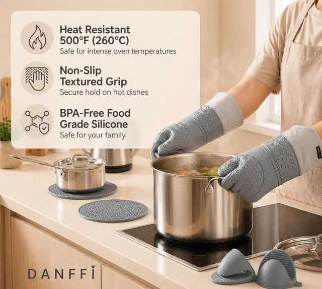 Alt view image 3 of 7 - Silicone Oven Mitts and Pot Holders 6 Piece Set, Heat Resistant 500°F Extra Long Oven Gloves with Cotton Lining, Non-Slip BPA-Free Hot Pads and Pinch Mitts for Baking BBQ Cooking (Gray)