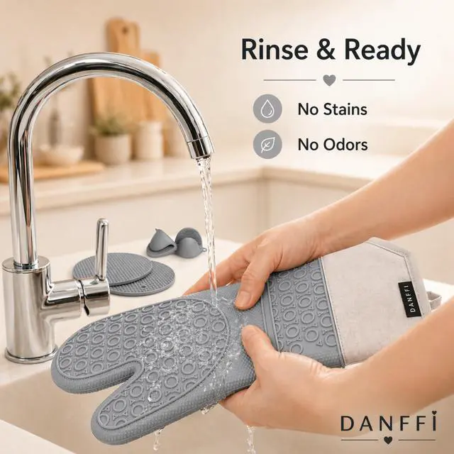 Alt view image 7 of 7 - Silicone Oven Mitts and Pot Holders 6 Piece Set, Heat Resistant 500°F Extra Long Oven Gloves with Cotton Lining, Non-Slip BPA-Free Hot Pads and Pinch Mitts for Baking BBQ Cooking (Gray)