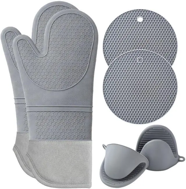 Main image of Silicone Oven Mitts and Pot Holders Sets 6 Piece for Kitchen | 2 Oven Mitts, 2 Mini Gloves, 2 Pot Holders, Heat Resistant Non Slip Silicone, Ideal for Cooking & Grilling