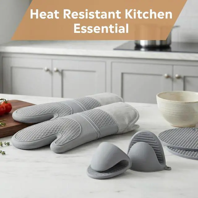Alt view image 3 of 7 - Silicone Oven Mitts and Pot Holders Sets 6 Piece for Kitchen | 2 Oven Mitts, 2 Mini Gloves, 2 Pot Holders, Heat Resistant Non Slip Silicone, Ideal for Cooking & Grilling