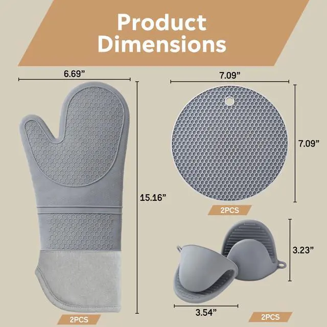 Alt view image 2 of 7 - Silicone Oven Mitts and Pot Holders Sets 6 Piece for Kitchen | 2 Oven Mitts, 2 Mini Gloves, 2 Pot Holders, Heat Resistant Non Slip Silicone, Ideal for Cooking & Grilling