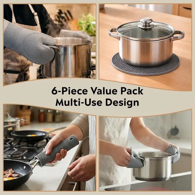 Alt view image 7 of 7 - Silicone Oven Mitts and Pot Holders Sets 6 Piece for Kitchen | 2 Oven Mitts, 2 Mini Gloves, 2 Pot Holders, Heat Resistant Non Slip Silicone, Ideal for Cooking & Grilling
