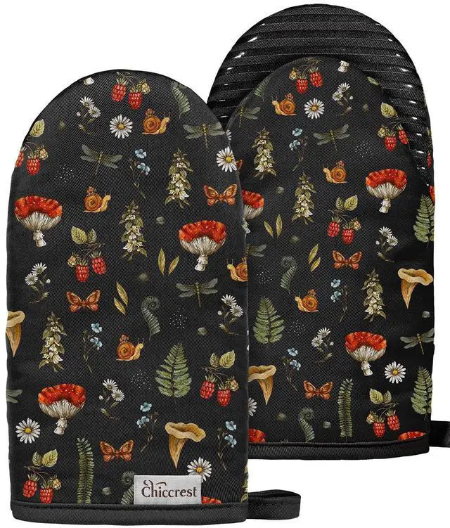 Main image of 100% Thick Cotton Mini Oven Mitts Silicone Grip Black Mushroom | Girly Cute Oven Mitts for Women, Machine Washable, Non-Slip, Reversible Design Fits Both Hands, Stylish Kitchen Decor