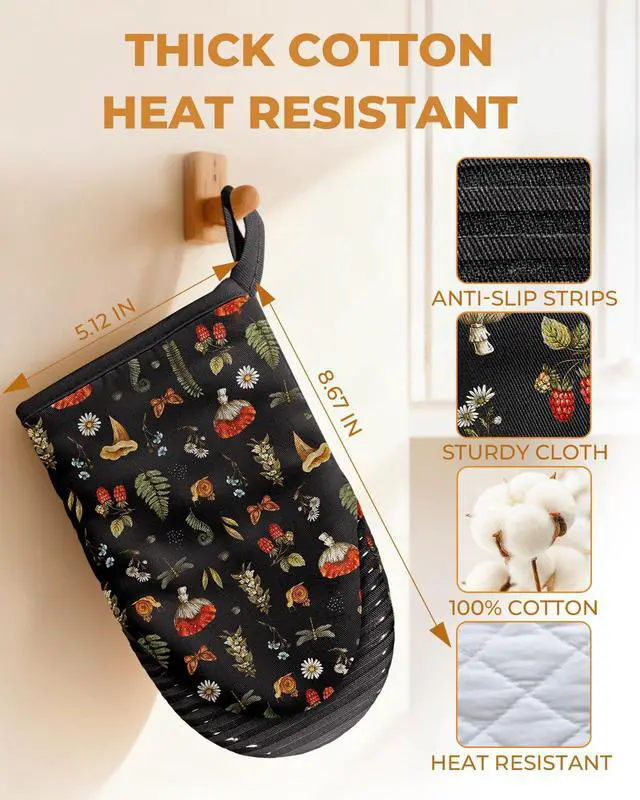 Alt view image 2 of 6 - 100% Thick Cotton Mini Oven Mitts Silicone Grip Black Mushroom | Girly Cute Oven Mitts for Women, Machine Washable, Non-Slip, Reversible Design Fits Both Hands, Stylish Kitchen Decor