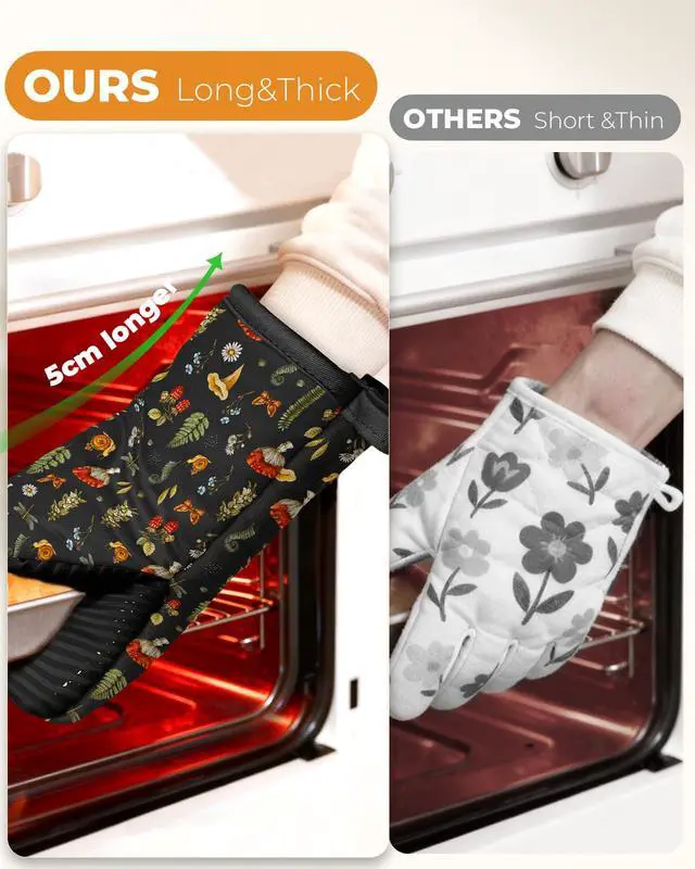 Alt view image 3 of 6 - 100% Thick Cotton Mini Oven Mitts Silicone Grip Black Mushroom | Girly Cute Oven Mitts for Women, Machine Washable, Non-Slip, Reversible Design Fits Both Hands, Stylish Kitchen Decor