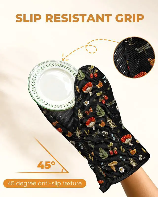 Alt view image 4 of 6 - 100% Thick Cotton Mini Oven Mitts Silicone Grip Black Mushroom | Girly Cute Oven Mitts for Women, Machine Washable, Non-Slip, Reversible Design Fits Both Hands, Stylish Kitchen Decor