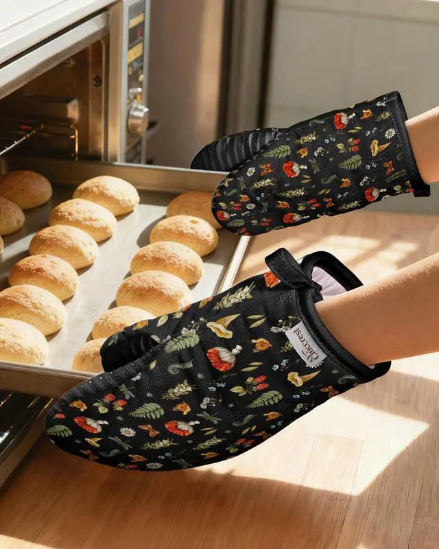 Alt view image 5 of 6 - 100% Thick Cotton Mini Oven Mitts Silicone Grip Black Mushroom | Girly Cute Oven Mitts for Women, Machine Washable, Non-Slip, Reversible Design Fits Both Hands, Stylish Kitchen Decor