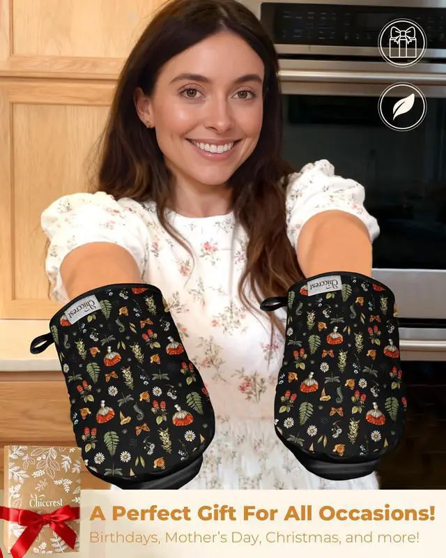 Alt view image 6 of 6 - 100% Thick Cotton Mini Oven Mitts Silicone Grip Black Mushroom | Girly Cute Oven Mitts for Women, Machine Washable, Non-Slip, Reversible Design Fits Both Hands, Stylish Kitchen Decor