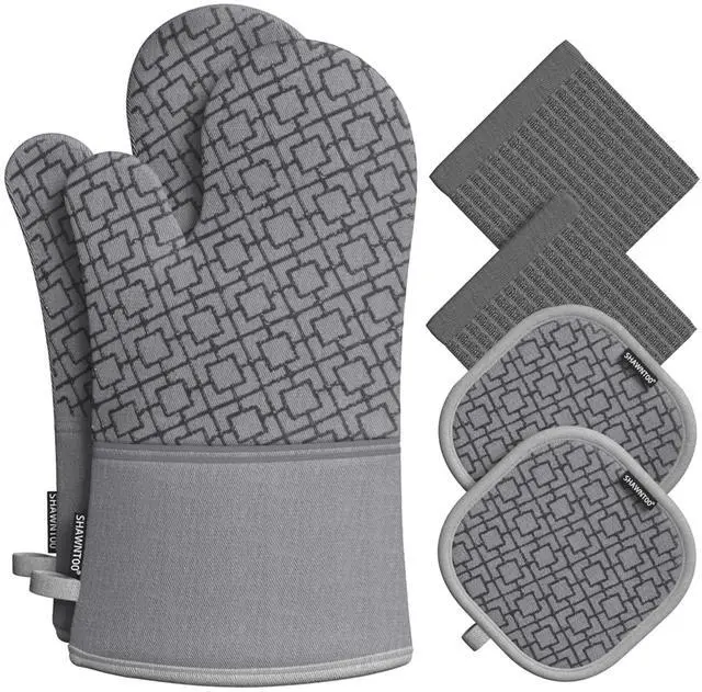 Main image of Oven Mitts and Pot Holders Sets 6pcs, Kitchen Oven Glove,High Heat Resistant 550 Degree Extra Long Oven Mitts and Potholders with Non-Slip Silicone Surface for Home Essentials (Grey) (Gray)