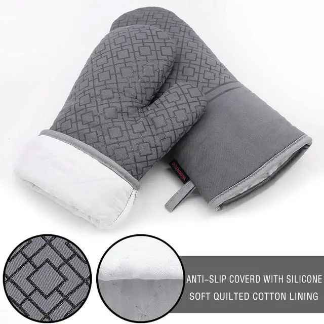 Alt view image 3 of 7 - Oven Mitts and Pot Holders Sets 6pcs, Kitchen Oven Glove,High Heat Resistant 550 Degree Extra Long Oven Mitts and Potholders with Non-Slip Silicone Surface for Home Essentials (Grey) (Gray)