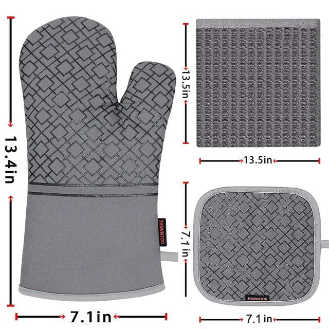 Alt view image 2 of 7 - Oven Mitts and Pot Holders Sets 6pcs, Kitchen Oven Glove,High Heat Resistant 550 Degree Extra Long Oven Mitts and Potholders with Non-Slip Silicone Surface for Home Essentials (Grey) (Gray)