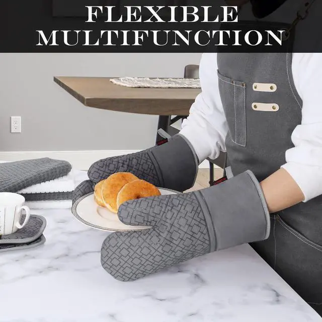 Alt view image 4 of 7 - Oven Mitts and Pot Holders Sets 6pcs, Kitchen Oven Glove,High Heat Resistant 550 Degree Extra Long Oven Mitts and Potholders with Non-Slip Silicone Surface for Home Essentials (Grey) (Gray)
