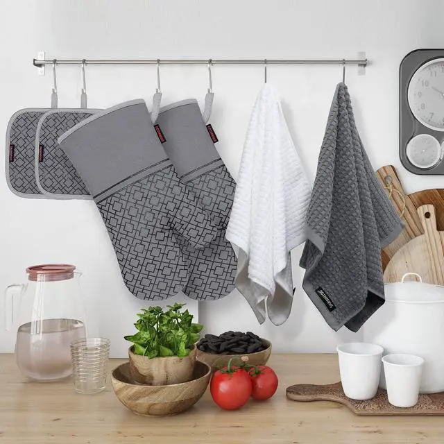 Alt view image 7 of 7 - Oven Mitts and Pot Holders Sets 6pcs, Kitchen Oven Glove,High Heat Resistant 550 Degree Extra Long Oven Mitts and Potholders with Non-Slip Silicone Surface for Home Essentials (Grey) (Gray)