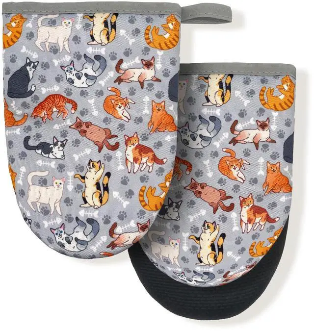 Main image of Cat Paw Claw Grey Mini Silicone Oven Mitts, Heat Slip Resistant Kitchen Gloves 2-Pack Set, Soft Short Small Oven Mittens Pot Holders for Baking Grilling Barbecue Microwave Gift
