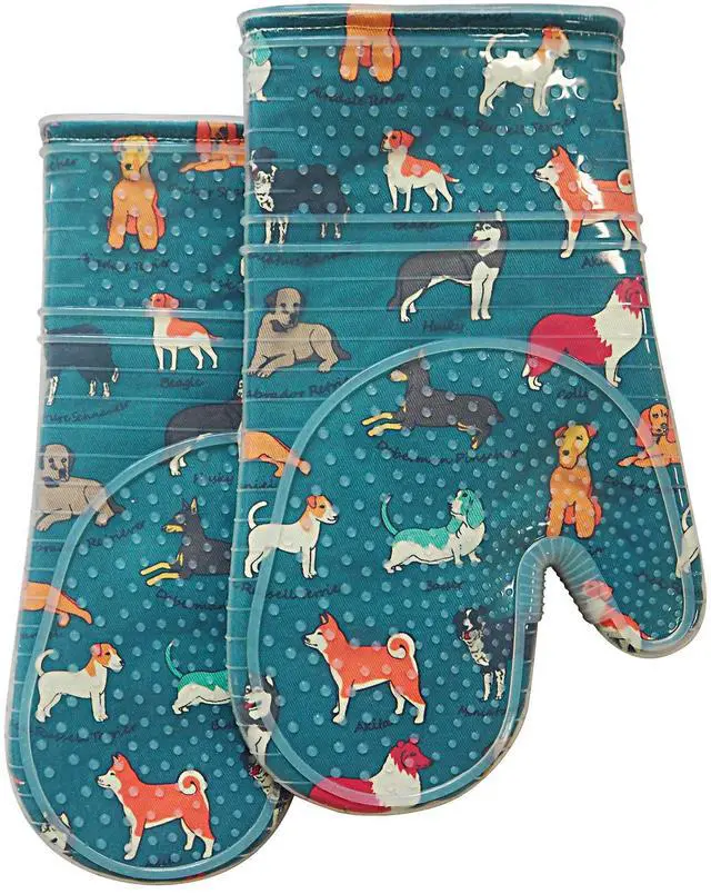 Main image of Oven Mitts with Transparent Clear Silicone Shell and Nice Dog Printing | Potholders Cotton Lining Set of 2, Heat Resistant to 500 F Kitchen Oven Gloves for Cooking (Blue Dog, Potholders)