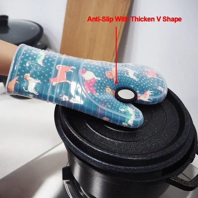 Alt view image 3 of 7 - Oven Mitts with Transparent Clear Silicone Shell and Nice Dog Printing | Potholders Cotton Lining Set of 2, Heat Resistant to 500 F Kitchen Oven Gloves for Cooking (Blue Dog, Potholders)