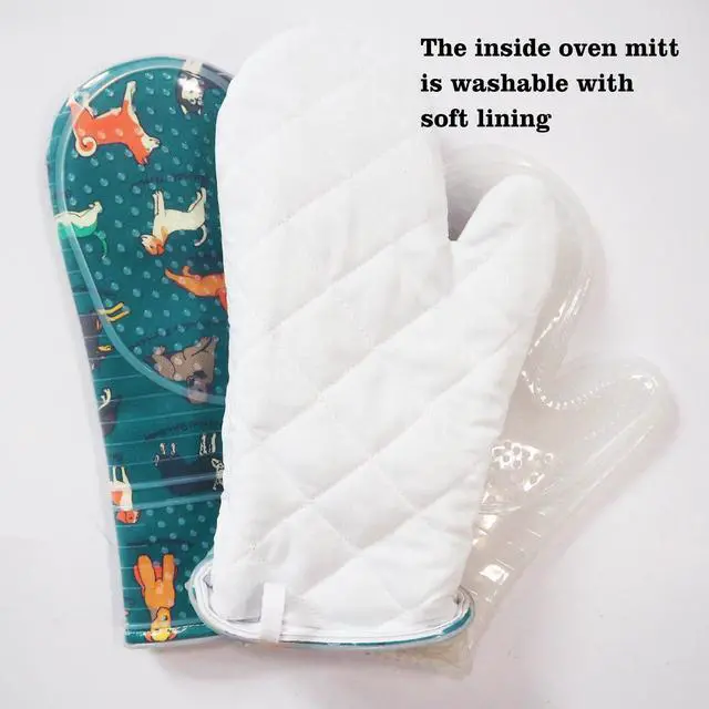 Alt view image 5 of 7 - Oven Mitts with Transparent Clear Silicone Shell and Nice Dog Printing | Potholders Cotton Lining Set of 2, Heat Resistant to 500 F Kitchen Oven Gloves for Cooking (Blue Dog, Potholders)