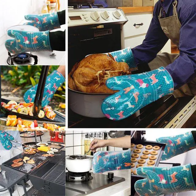 Alt view image 6 of 7 - Oven Mitts with Transparent Clear Silicone Shell and Nice Dog Printing | Potholders Cotton Lining Set of 2, Heat Resistant to 500 F Kitchen Oven Gloves for Cooking (Blue Dog, Potholders)