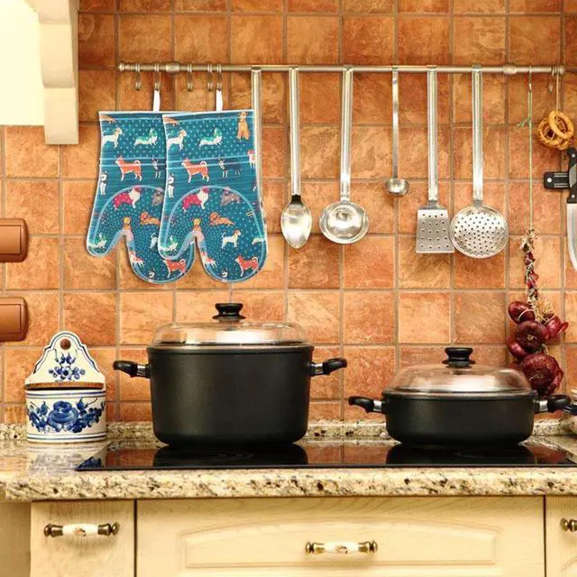 Alt view image 7 of 7 - Oven Mitts with Transparent Clear Silicone Shell and Nice Dog Printing | Potholders Cotton Lining Set of 2, Heat Resistant to 500 F Kitchen Oven Gloves for Cooking (Blue Dog, Potholders)