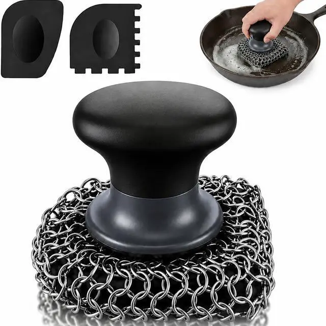 Main image of Cast Iron Scrubber and Scraper | 316 Chainmail Scrubber for Cast Iron Pan Chain Mail Scrubber for Cast Iron Skillet Cleaner | Dishes Pots Wok Griddle Grill | Dish Scouring Pad Dishwasher Safe, Black2