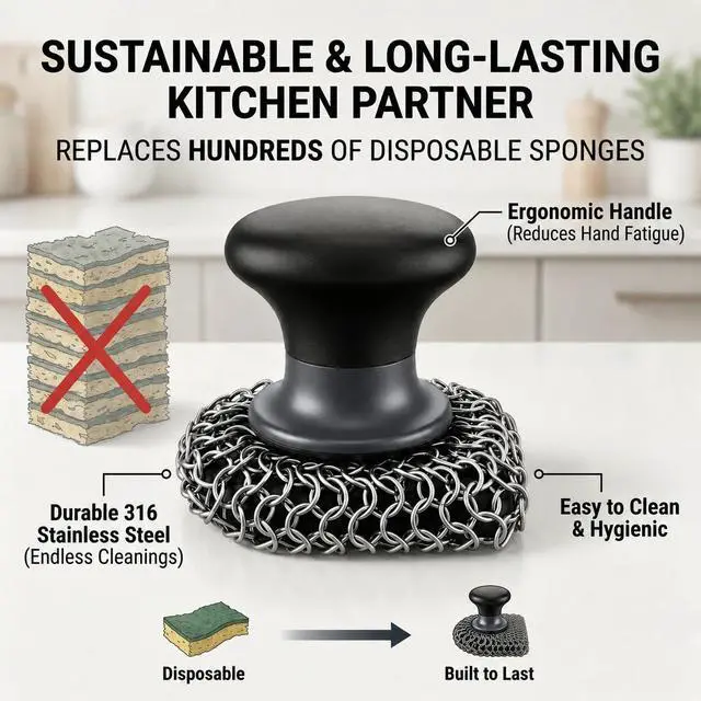 Alt view image 5 of 7 - Cast Iron Scrubber and Scraper | 316 Chainmail Scrubber for Cast Iron Pan Chain Mail Scrubber for Cast Iron Skillet Cleaner | Dishes Pots Wok Griddle Grill | Dish Scouring Pad Dishwasher Safe, Black2