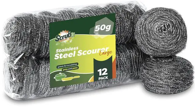 Main image of 12 Pack Stainless Steel Scourers by Scrub It Steel Wool Scrubber Pad for Dishes, Pots, Pans, and Ovens. Easy scouring for Tough Kitchen Cleaning. (Large (50 gram))