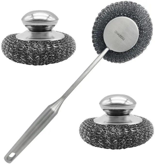 Main image of Stainless Steel Wool Scrubber Set, Long HandleBrushes for Pots, Pans, Grills & Cutlery Cleaning (3 Pack)