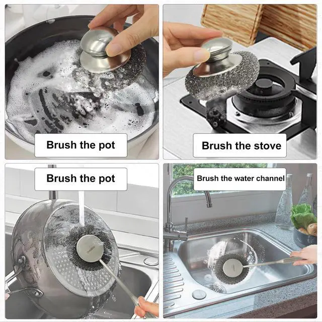 Alt view image 3 of 7 - Stainless Steel Wool Scrubber Set, Long HandleBrushes for Pots, Pans, Grills & Cutlery Cleaning (3 Pack)