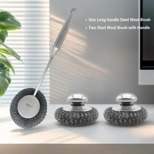 Alt view image 4 of 7 - Stainless Steel Wool Scrubber Set, Long HandleBrushes for Pots, Pans, Grills & Cutlery Cleaning (3 Pack)