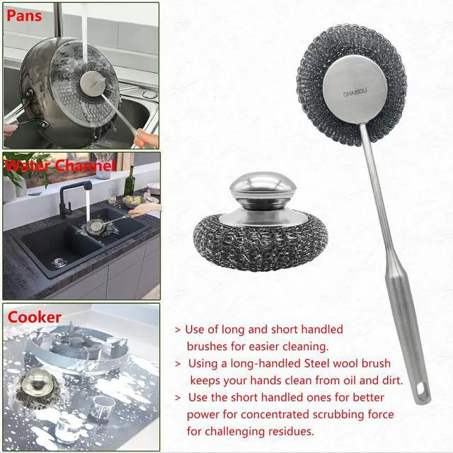 Alt view image 5 of 7 - Stainless Steel Wool Scrubber Set, Long HandleBrushes for Pots, Pans, Grills & Cutlery Cleaning (3 Pack)