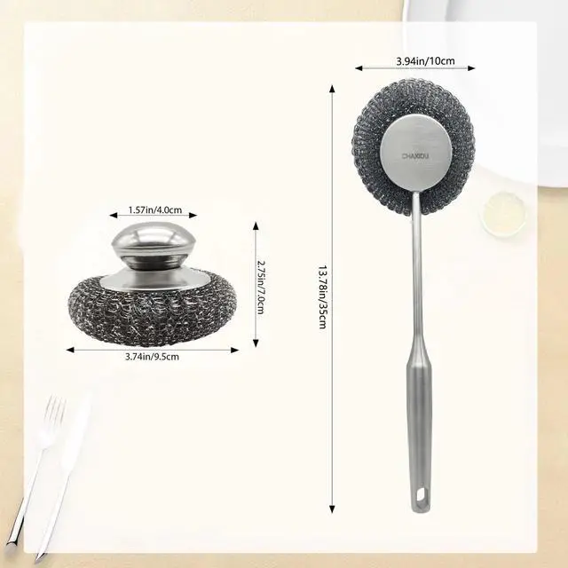 Alt view image 7 of 7 - Stainless Steel Wool Scrubber Set, Long HandleBrushes for Pots, Pans, Grills & Cutlery Cleaning (3 Pack)