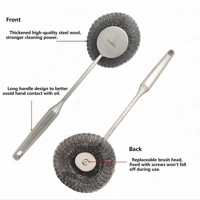Alt view image 6 of 7 - Stainless Steel Wool Scrubber Set, Long HandleBrushes for Pots, Pans, Grills & Cutlery Cleaning (3 Pack)