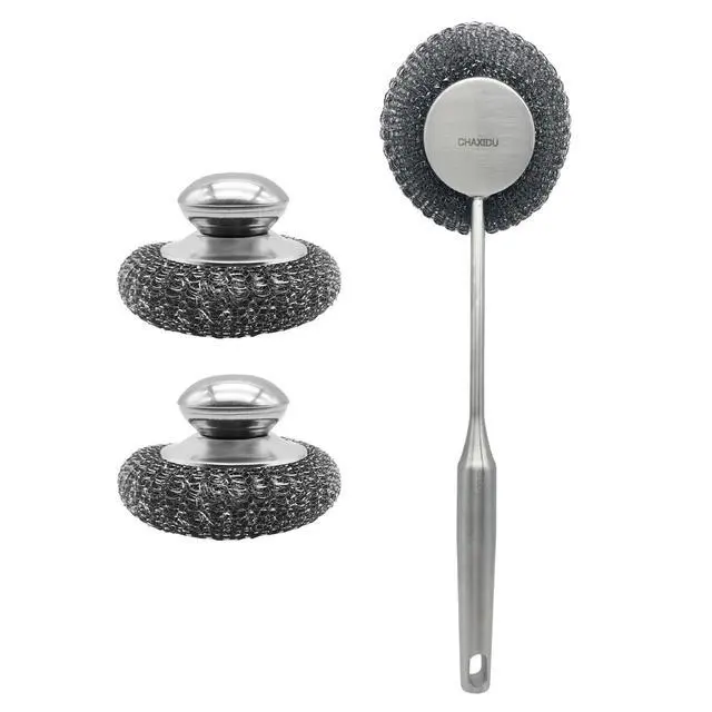 Alt view image 2 of 7 - Stainless Steel Wool Scrubber Set, Long HandleBrushes for Pots, Pans, Grills & Cutlery Cleaning (3 Pack)