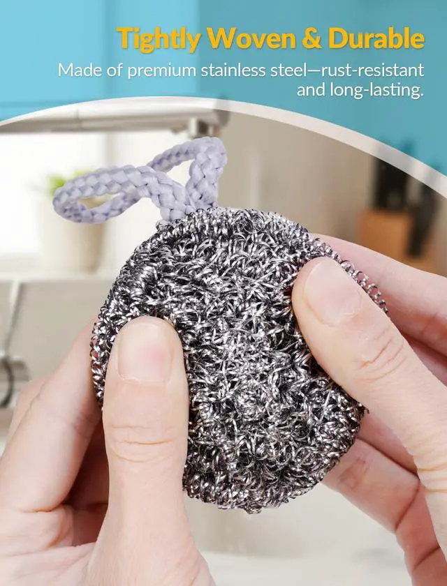 Alt view image 2 of 7 - 10-Pack Steel Wool Scrubbers for Kitchen Cleaning, Stainless Steel Scourers with Hanging String, Reusable Rust-Resistant Scrubbers for Pots, Pans, Grill Racks, Sinks, Cast Iron