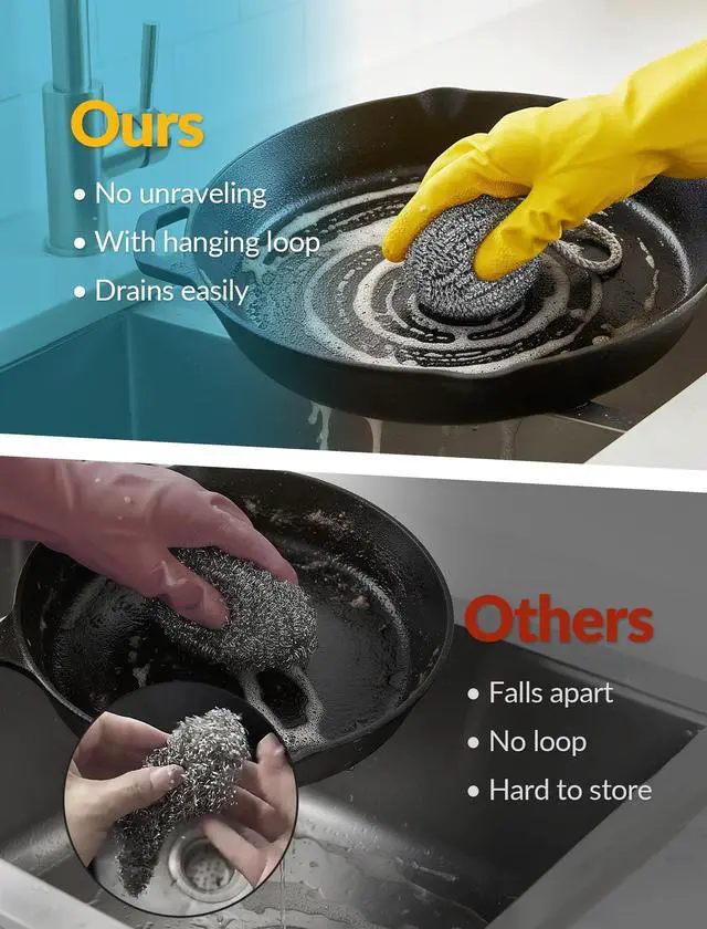 Alt view image 4 of 7 - 10-Pack Steel Wool Scrubbers for Kitchen Cleaning, Stainless Steel Scourers with Hanging String, Reusable Rust-Resistant Scrubbers for Pots, Pans, Grill Racks, Sinks, Cast Iron