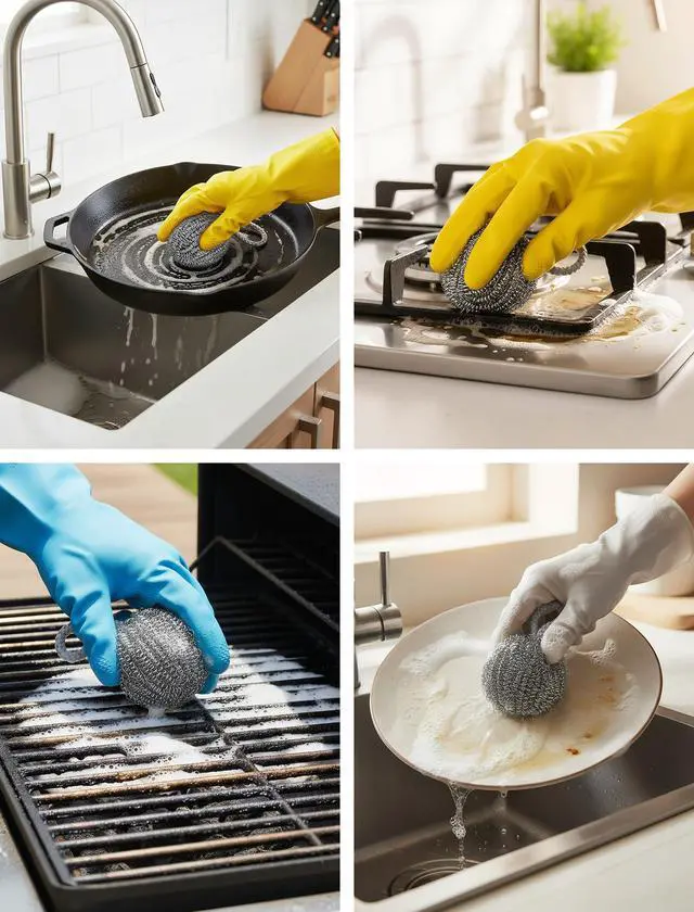 Alt view image 7 of 7 - 10-Pack Steel Wool Scrubbers for Kitchen Cleaning, Stainless Steel Scourers with Hanging String, Reusable Rust-Resistant Scrubbers for Pots, Pans, Grill Racks, Sinks, Cast Iron