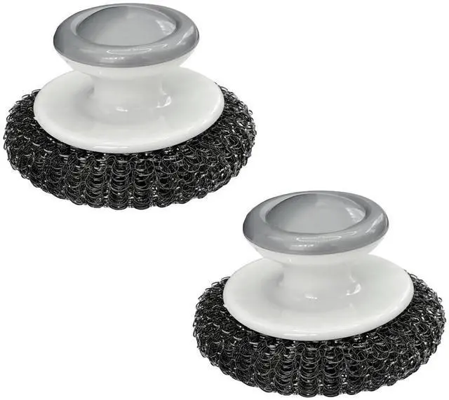 Main image of 2Pcs Stainless Steel Scrubber Dish Scrub Brush with Handle Multipurpose Kitchen Cast Iron Scrubber for Pots, Grills, Ovens & Other Tough Cleaning Jobs (Metal Steel Style)