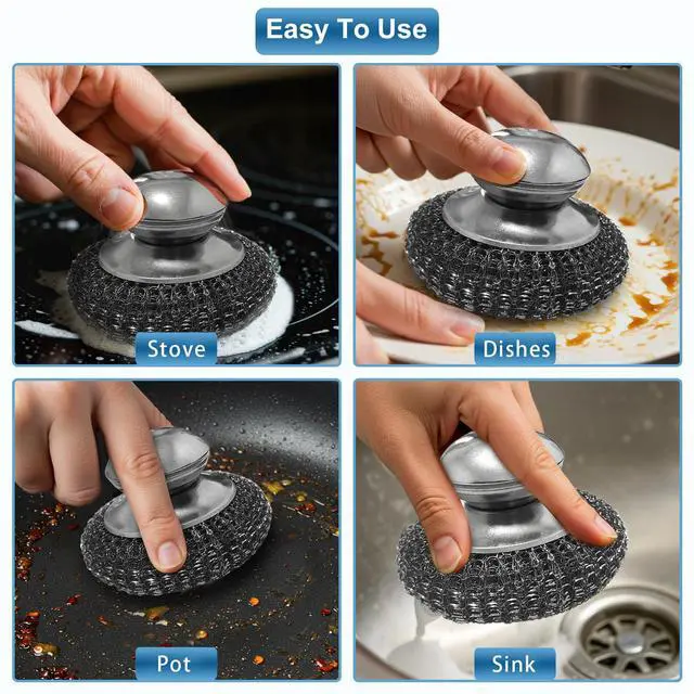 Alt view image 6 of 6 - Steel Wool Scrubber with 2 Replacement Pads,Dish Scouring Pads for Cleaning Cast Iron, Dishes, Kitchen Pots, Pans, Grills, Stoves, Sink & More