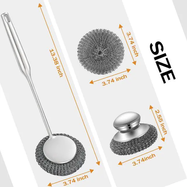 Alt view image 2 of 6 - Heavy Duty Stainless Steel Scrubber Set - Long & Short Handle with 5 Steel Wool Pads, Cast Iron & Pot Scrubber for Dishes, Pans, Grills, Stoves