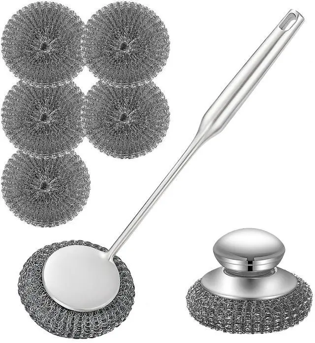 Main image of Heavy Duty Stainless Steel Scrubber Set - Long & Short Handle with 5 Steel Wool Pads, Cast Iron & Pot Scrubber for Dishes, Pans, Grills, Stoves