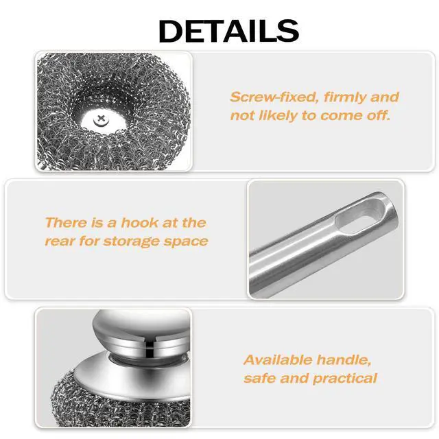 Alt view image 3 of 6 - Heavy Duty Stainless Steel Scrubber Set - Long & Short Handle with 5 Steel Wool Pads, Cast Iron & Pot Scrubber for Dishes, Pans, Grills, Stoves