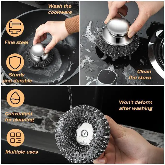 Alt view image 5 of 6 - Heavy Duty Stainless Steel Scrubber Set - Long & Short Handle with 5 Steel Wool Pads, Cast Iron & Pot Scrubber for Dishes, Pans, Grills, Stoves