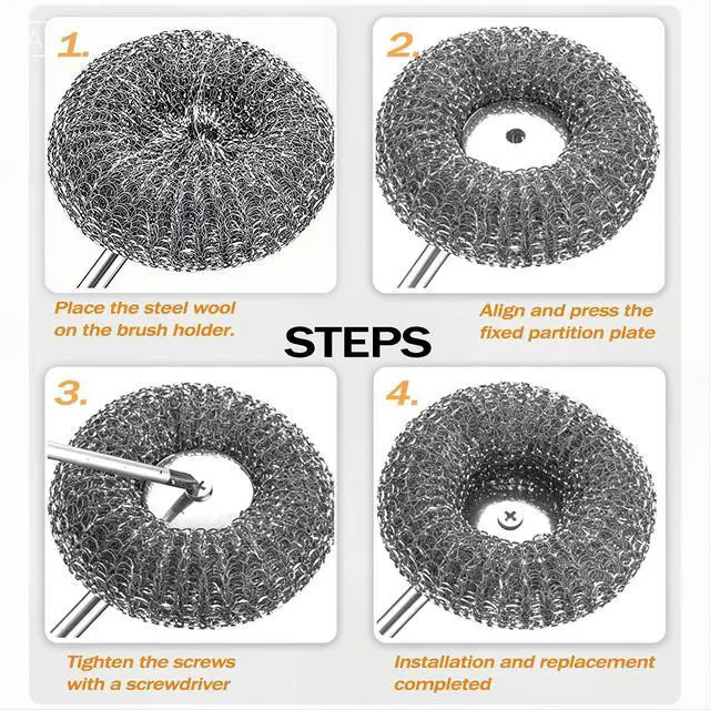 Alt view image 4 of 6 - Heavy Duty Stainless Steel Scrubber Set - Long & Short Handle with 5 Steel Wool Pads, Cast Iron & Pot Scrubber for Dishes, Pans, Grills, Stoves