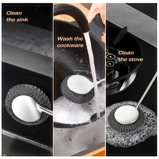 Alt view image 6 of 6 - Heavy Duty Stainless Steel Scrubber Set - Long & Short Handle with 5 Steel Wool Pads, Cast Iron & Pot Scrubber for Dishes, Pans, Grills, Stoves