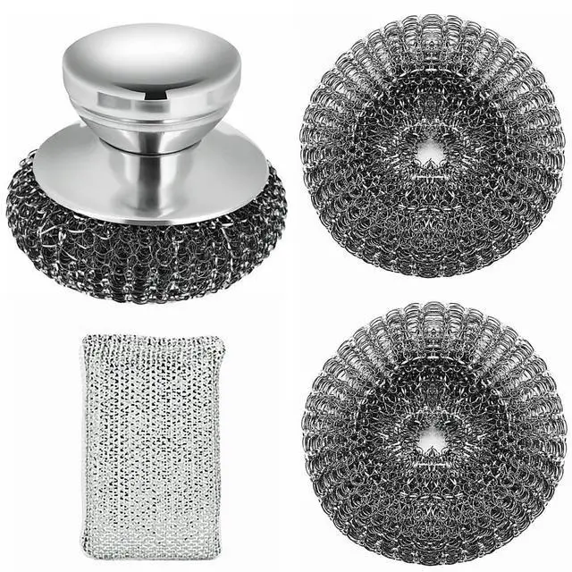 Main image of Stainless Steel Wool Scrubber with Short Handle Steel Scrubber Wool Pads for Cleaning Dishes Metal Scrubber Pot Scrubbers for Iron Pots, Stoves, Barbecue Grills, Wash Sink,Pans,2 Replace Heads