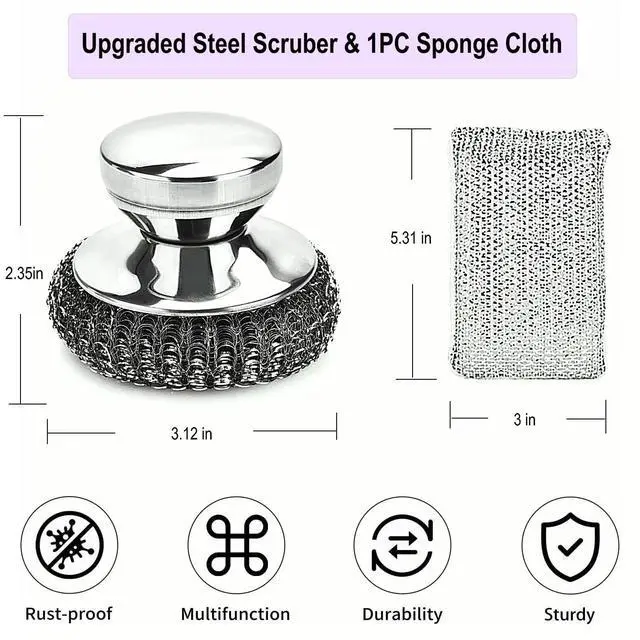 Alt view image 2 of 4 - Stainless Steel Wool Scrubber with Short Handle Steel Scrubber Wool Pads for Cleaning Dishes Metal Scrubber Pot Scrubbers for Iron Pots, Stoves, Barbecue Grills, Wash Sink,Pans,2 Replace Heads