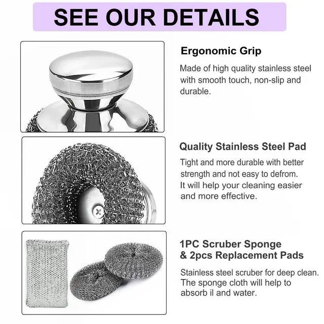 Alt view image 3 of 4 - Stainless Steel Wool Scrubber with Short Handle Steel Scrubber Wool Pads for Cleaning Dishes Metal Scrubber Pot Scrubbers for Iron Pots, Stoves, Barbecue Grills, Wash Sink,Pans,2 Replace Heads